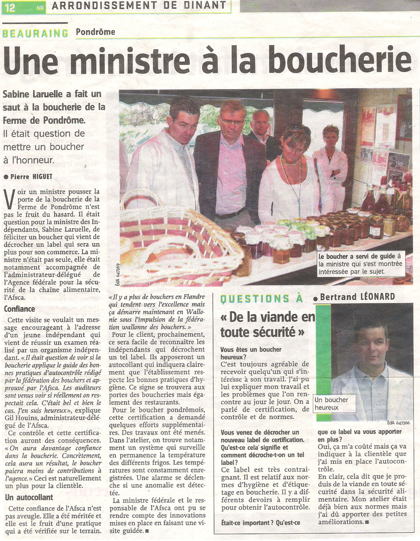 visite de la ministre et de l'administrateur délégué AFSCA à la boucherie Léonard